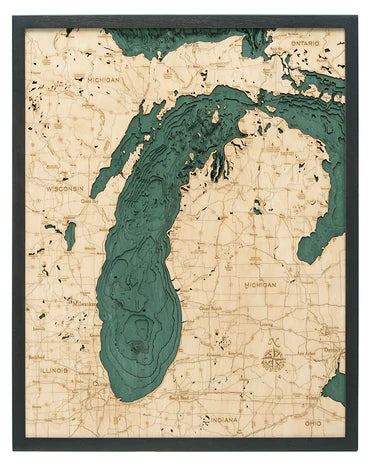 Lake Michigan 3D Nautical Wood Chart - 24.5x31 Inch Handcrafted Wooden Map - Great Lakes Wall Art Decor