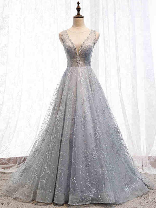 Deep V Neck Silver Sparkly Prom Dresses 