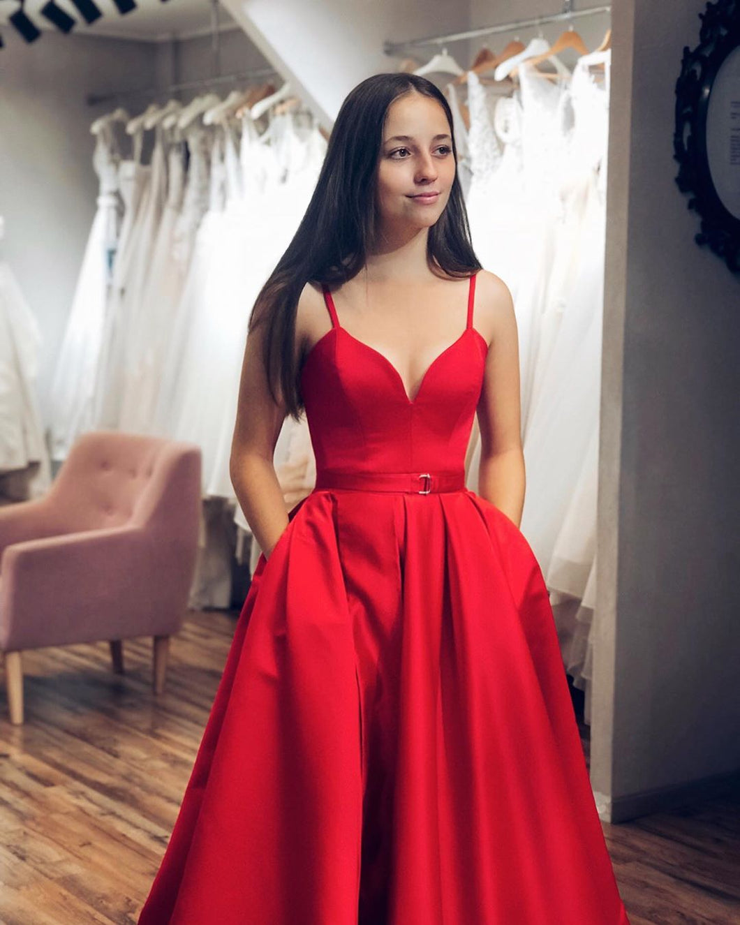 Red Satin A-line V-neck Spaghetti Straps Long Prom Dress with Slit JKQ ...