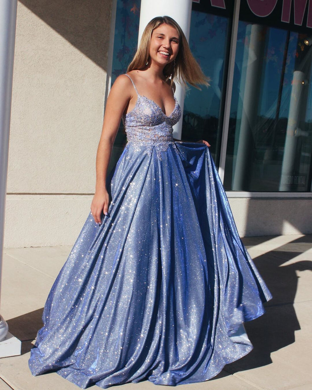 Blue Tulle Appliques ALine Long Sparkle Prom Dress with Pockets JKS86