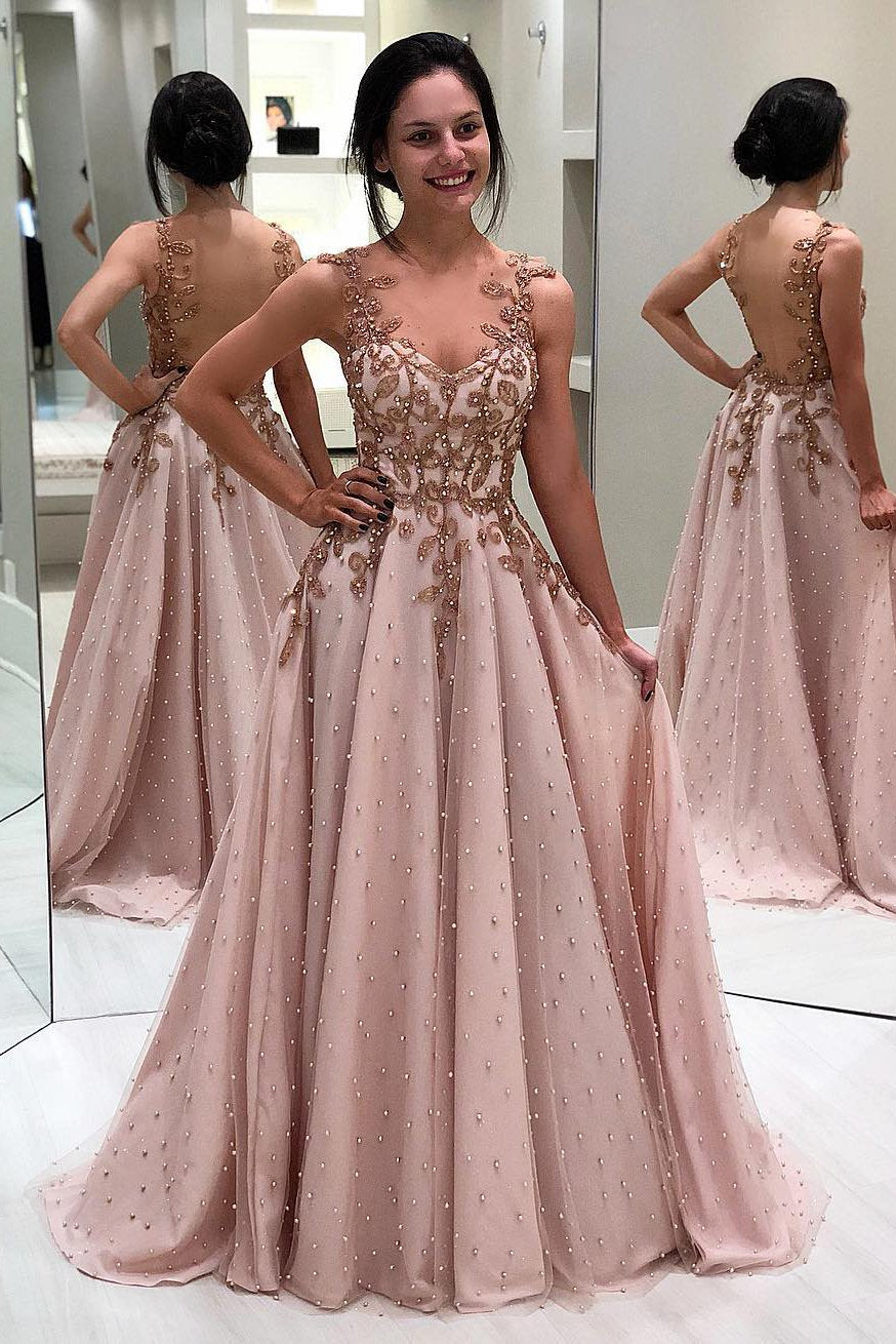 Princess Appliques Beaded Long Blush Pink Evening Prom Dress An613 Anna Promdress 