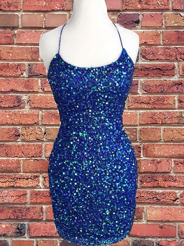 blue sequin halter dress