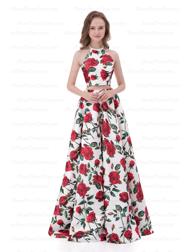 Two Piece Prom Dresses A Line Floor Length Satin Sexy Floral Print Pro Anna Promdress 9430