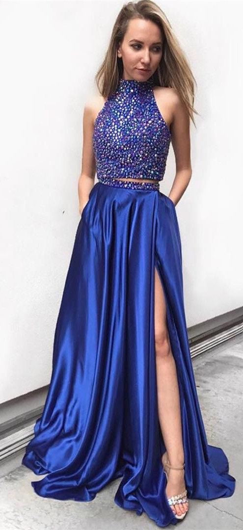 Two Piece Prom Dresses High Neck Sweep Train A Line Satin Long Slit Pr Anna Promdress 