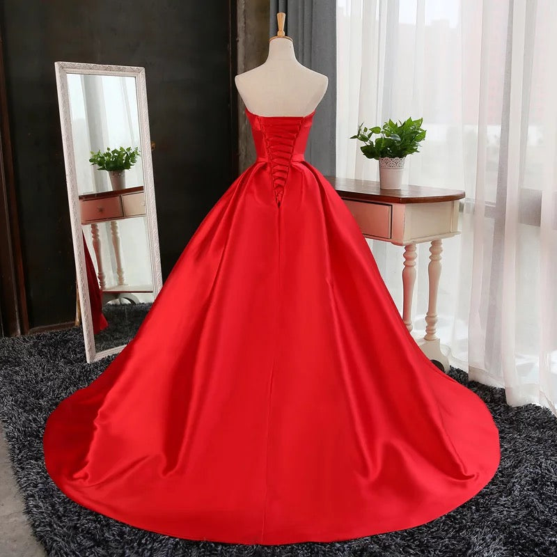 Cheap Red Prom Dress Ball Gown Sweep/Brush Train Strapless Prom Dress ...