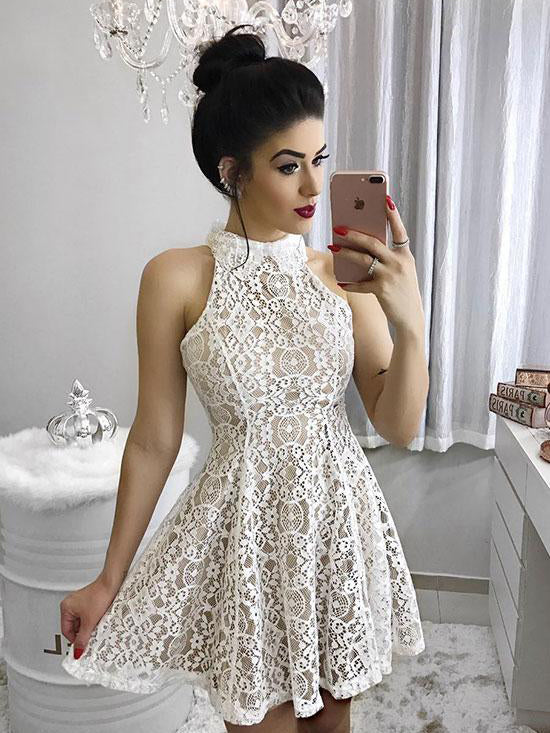 Chic Homecoming Dress Ivory High Neck Lace Short Prom Dress Party Dres ...