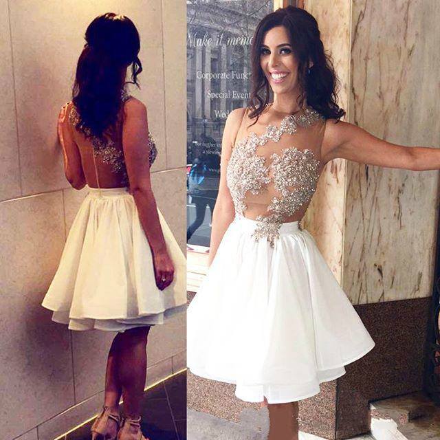 White Homecoming Dress Sexy Appliques Chiffon Short Prom Dress Party D