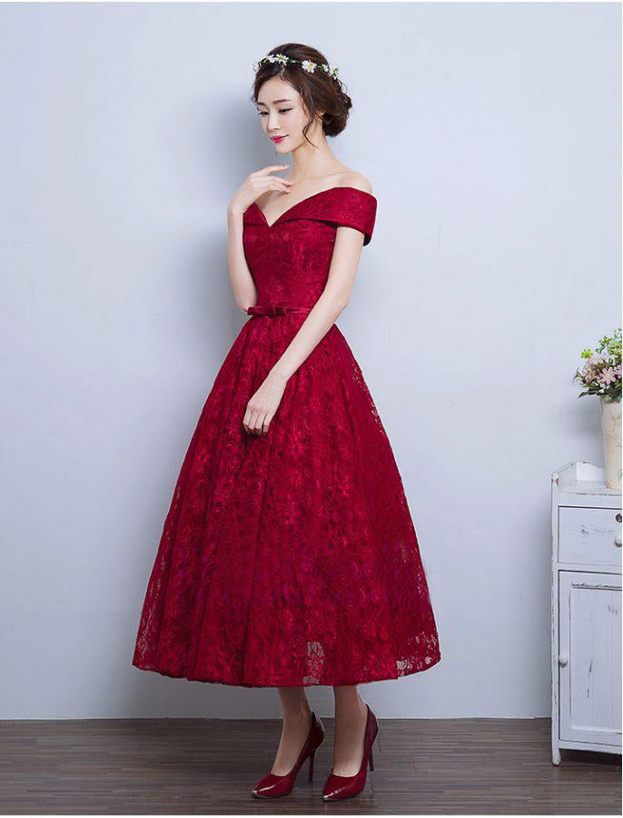 Burgundy Homecoming Dress Lace-up Tea-length Short Prom Dress Party Dr ...