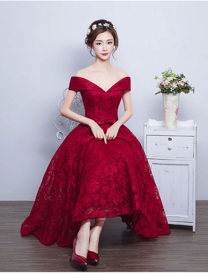 Burgundy Homecoming Dress Lace-up Tea-length Short Prom Dress Party Dr ...