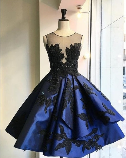 Sexy Homecoming Dress Royal Blue Black Appliques Short Prom Dress