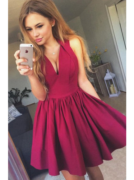 Beautiful Homecoming Dress Sexy Halter Burgundy Satin Short Prom Dress Anna Promdress 7291