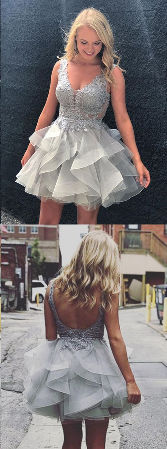 Chic Homecoming Dress Appliques V Neck Tulle Sexy Short Prom Dress Par 7893