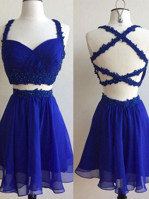 Two Piece Homecoming Dress Sexy Royal Blue Chiffon Short Prom Dress Pa Anna Promdress 5383