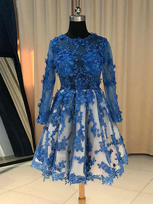 Long Sleeve Homecoming Dress Scoop Appliques Sexy Short Prom Dress Par ...