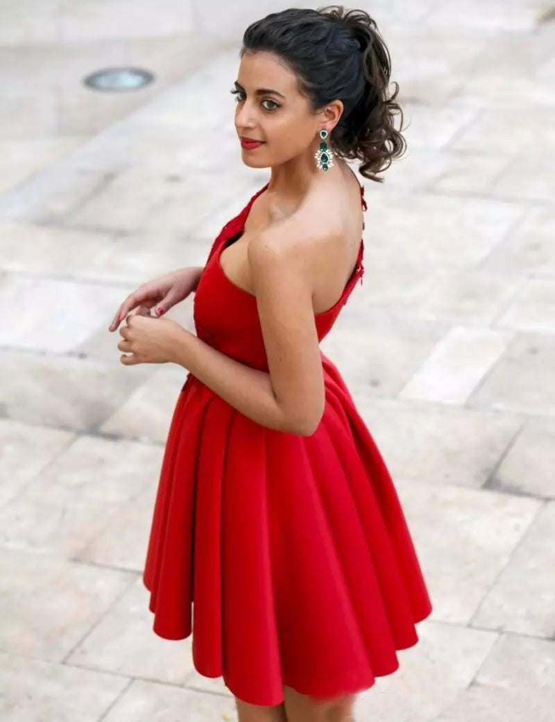 Sexy Homecoming Dress One Shoulder Appliques Red Short Prom Dress Part ...