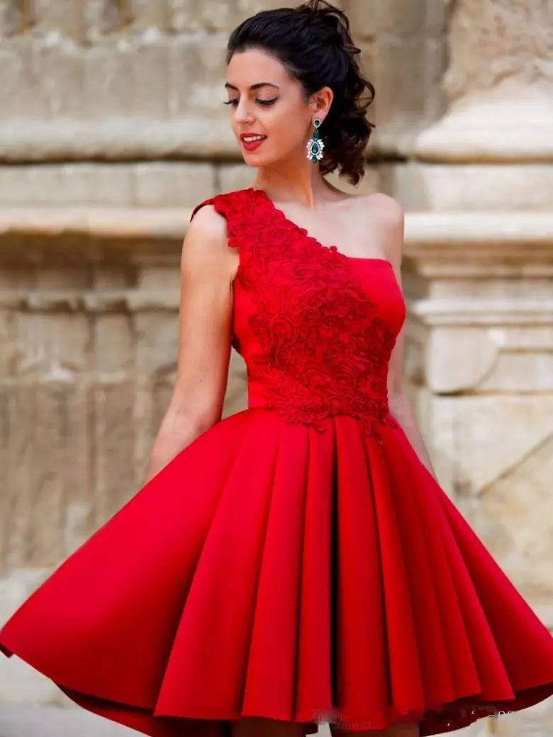 Sexy Homecoming Dress One Shoulder Appliques Red Short Prom Dress Part ...