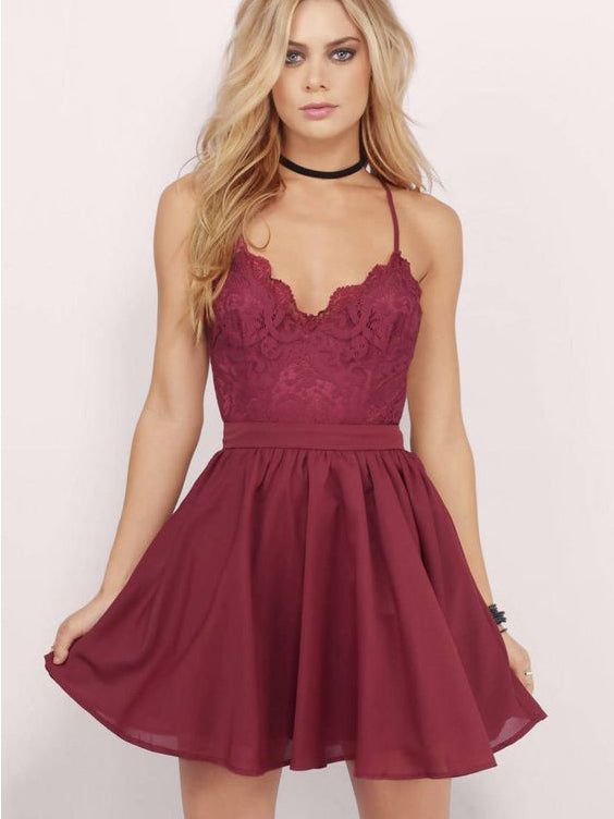Burgundy Homecoming Dress Spaghetti Straps A-line Lace Short Prom Dres ...