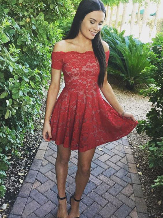 off the shoulder red mini dress