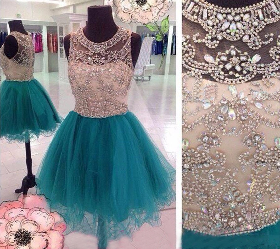 Chic Homecoming Dress Scoop A-line Rhinestone Short Prom Dress Tulle P ...