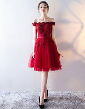 Burgundy Homecoming Dress Off-the-shoulder A-line Lace Short Prom Dres ...