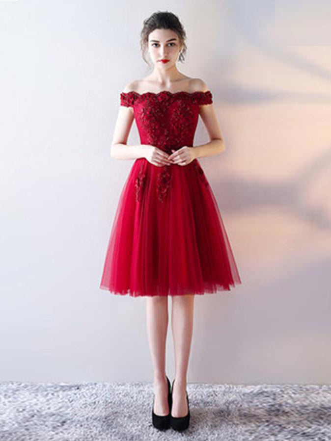 Burgundy Homecoming Dress Off-the-shoulder A-line Lace Short Prom Dres ...