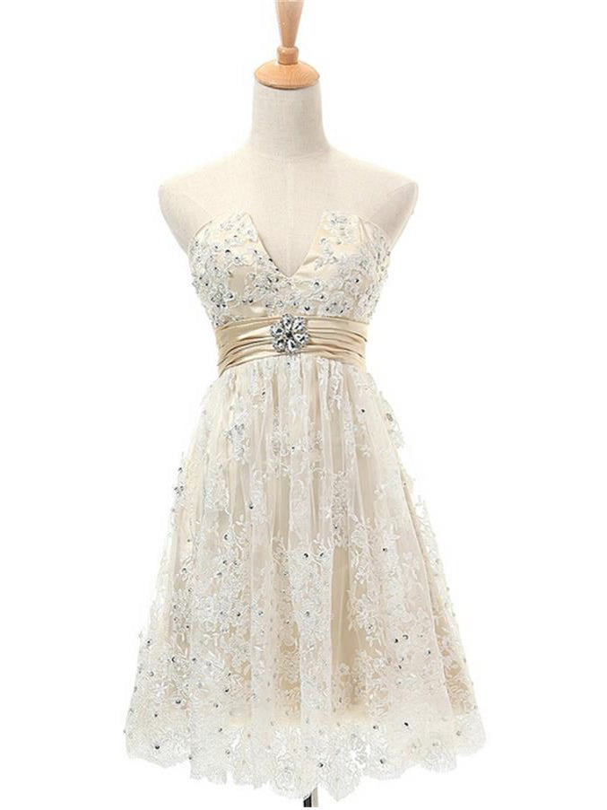 Lace Homecoming Dress A-line V-neck Ivory Lace Short Prom Dress Chic P ...