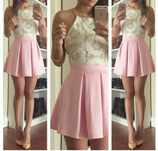 Chic Homecoming Dress Halter A-line Lace Pink Short Prom Dress Satin P ...
