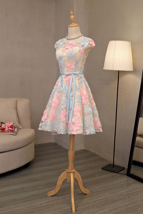 Cute Homecoming Dress Scoop A-line Floral Lace Pink Tulle Short Prom D ...