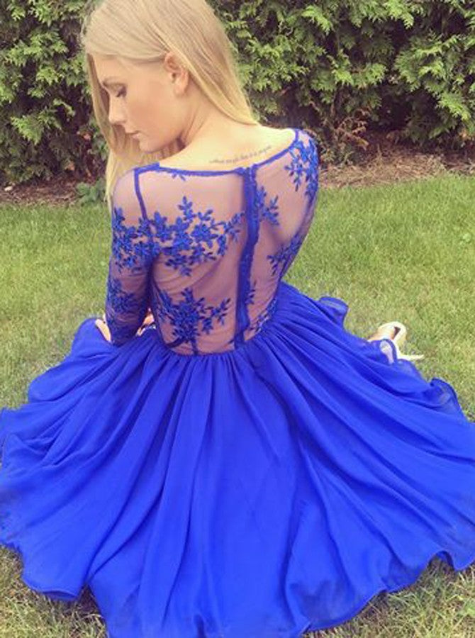 Royal Blue Homecoming Dress A-line V Neck Appliques Chiffon Short Prom