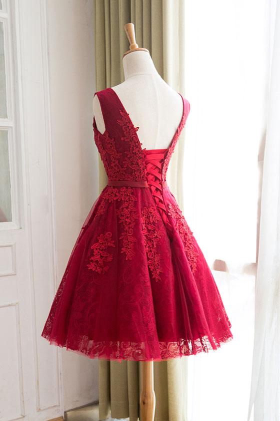 Burgundy Homecoming Dress Straps A-line Lace Appliques Lace-up Short P ...