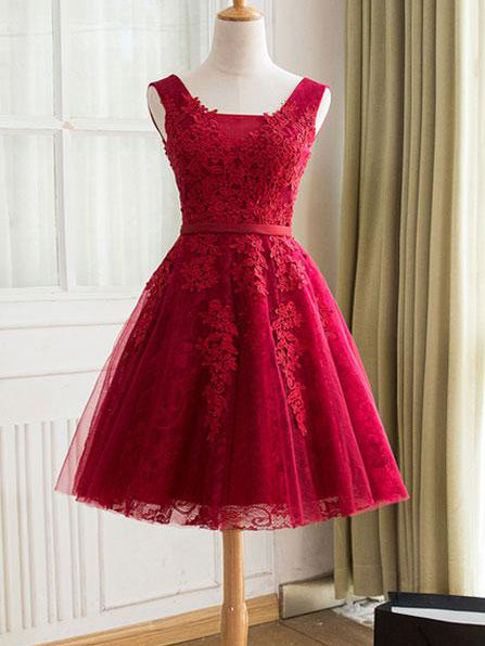 Burgundy Homecoming Dress Straps A-line Lace Appliques Lace-up Short P ...