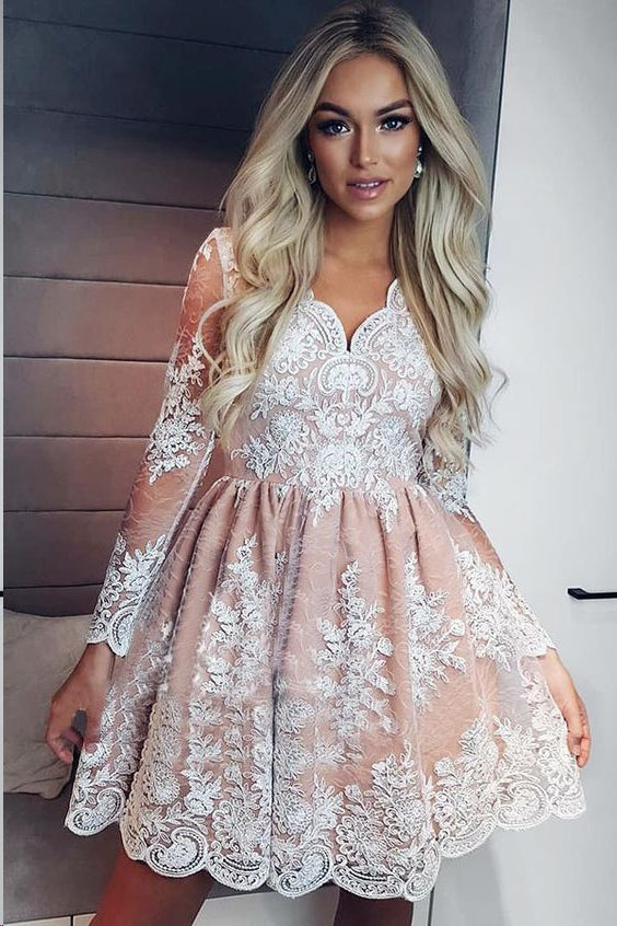 Long Sleeve Dresses Lace Aline Short Prom Dress Party Dress