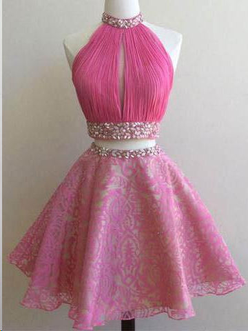 hot pink two piece prom dress