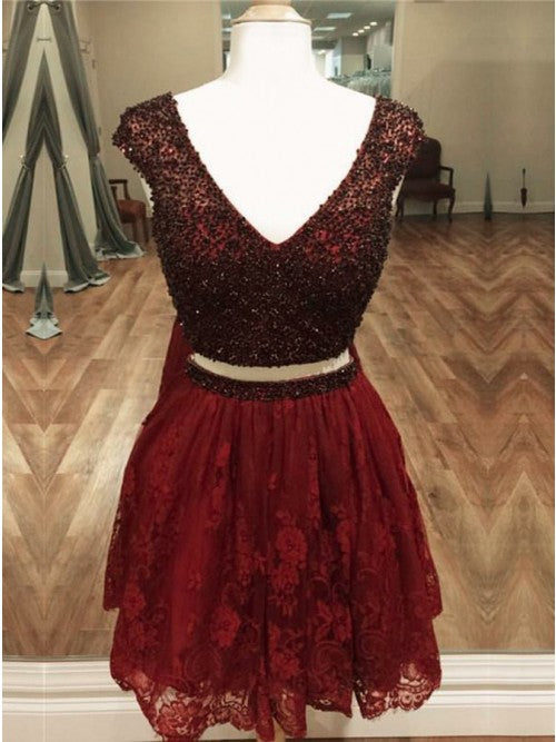 Two Piece Homecoming Dresses V-neck Lace Regency Short Prom Dress Party ...