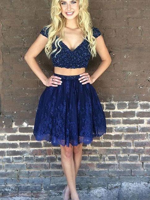 Two Piece Homecoming Dresses V-neck Lace Regency Short Prom Dress Party ...