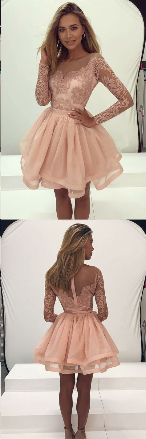Long Sleeve Homecoming Dresses A line Lace Short Prom Dress Sexy Party ...