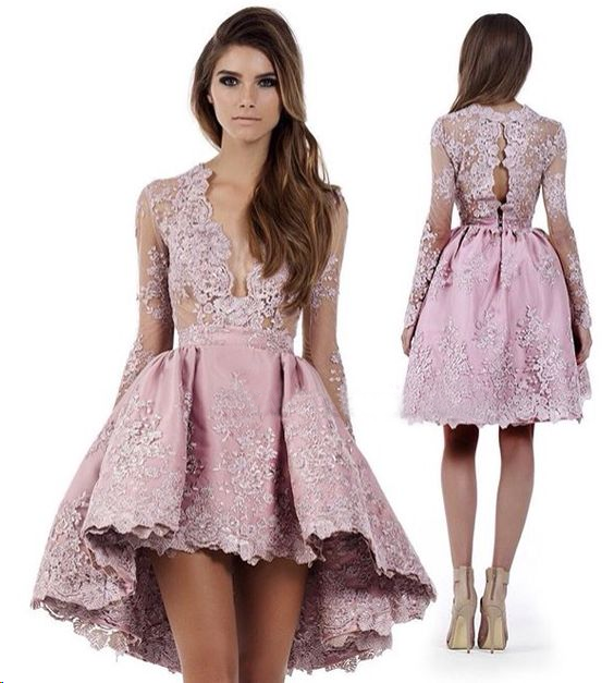 Long Sleeve High Low Homecoming Dresses Lace Short Prom Dress Party ...