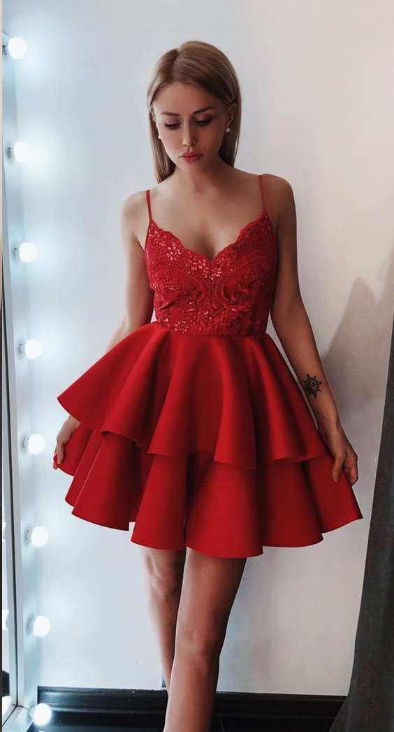 Lace Cute Homecoming Dresses Spaghetti Straps A Line Short Prom Dress ...