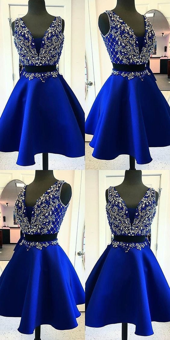 Two Piece Homecoming Dresses Royal Blue Beading Short Prom Dress Party Dress JK707|Annapromdress 