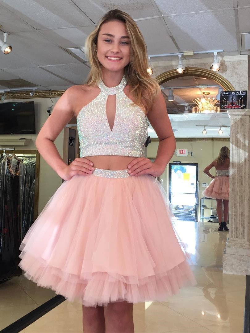 Two Piece Homecoming Dresses Halter Beading Blush Pink Short Prom Dress Party Dress Jk793 