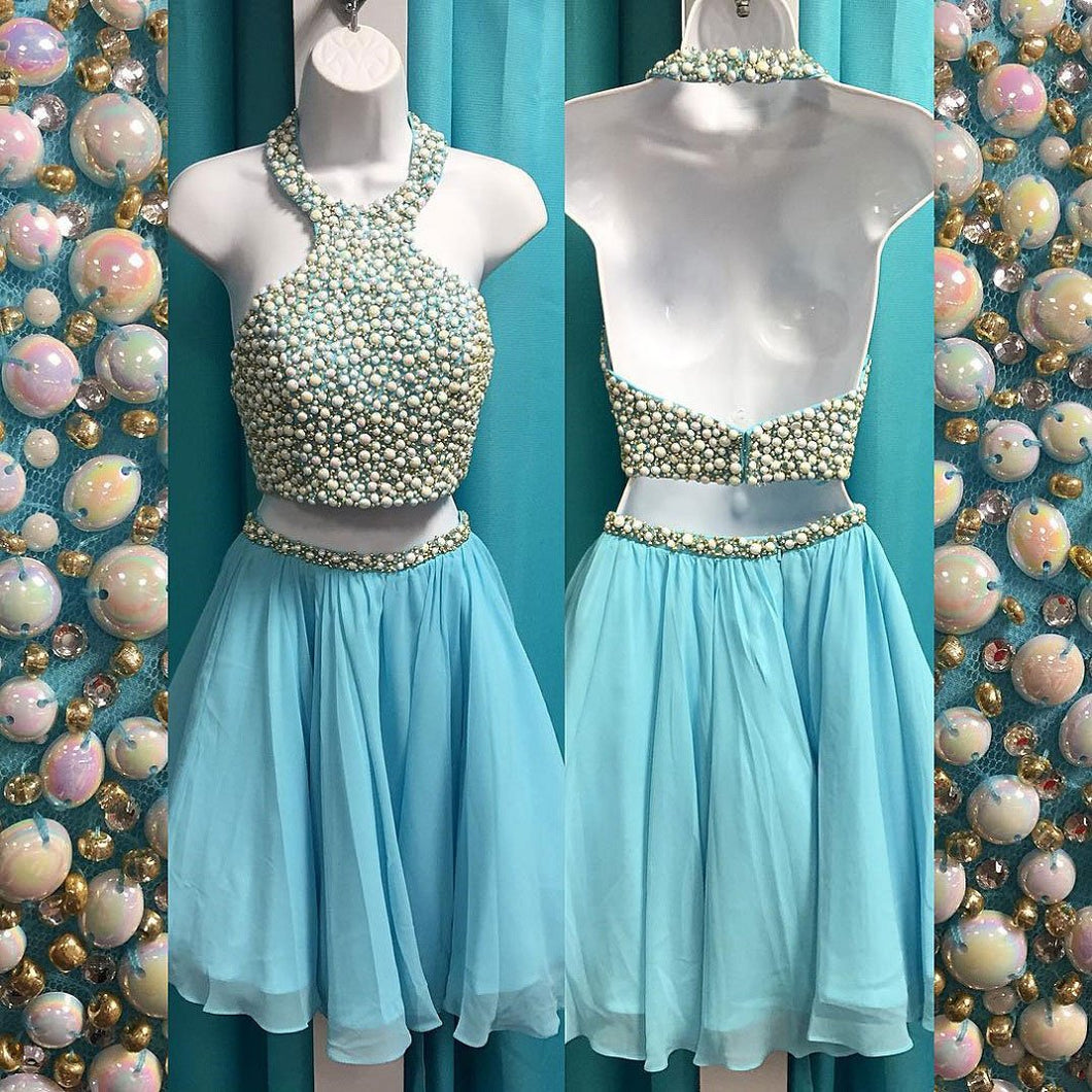 Two Piece Homecoming Dresses Beading Chiffon Short Prom Dress Halter Party Dress Jk794 