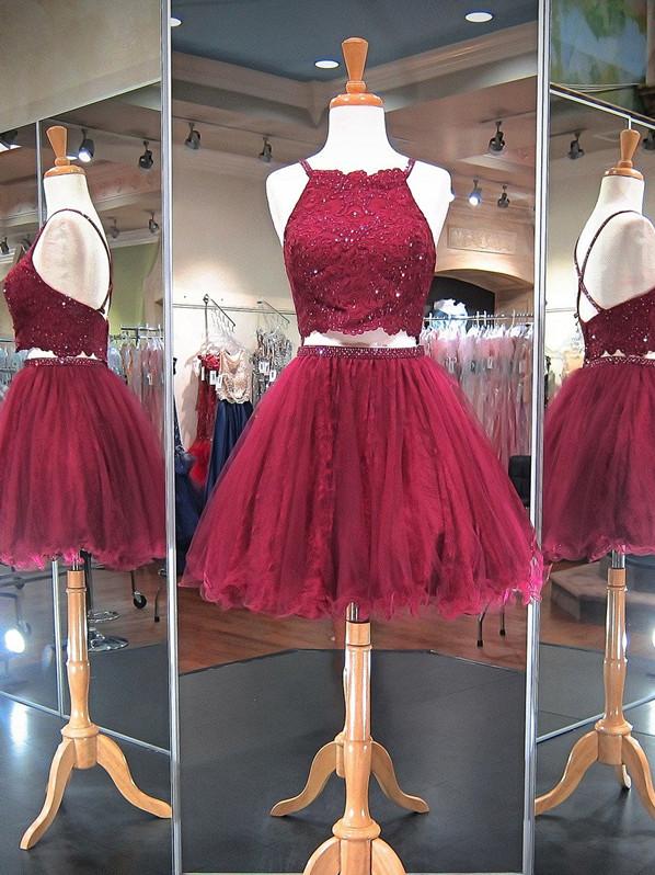 Two Piece Homecoming Dresses A-line Lace Burgundy Short Prom Dress ...