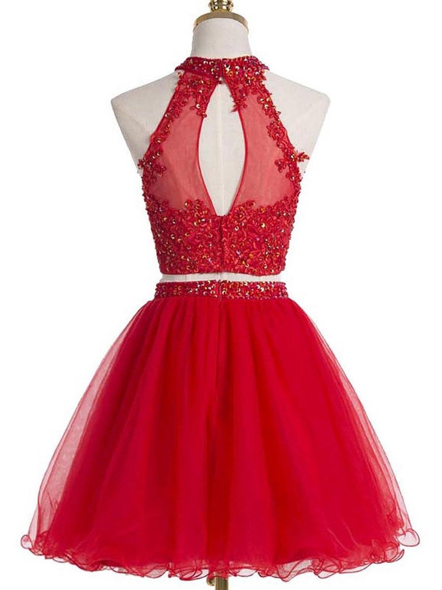 Two Piece Red Homecoming Dresses A Line Beading Short Prom Dress Sexy ...