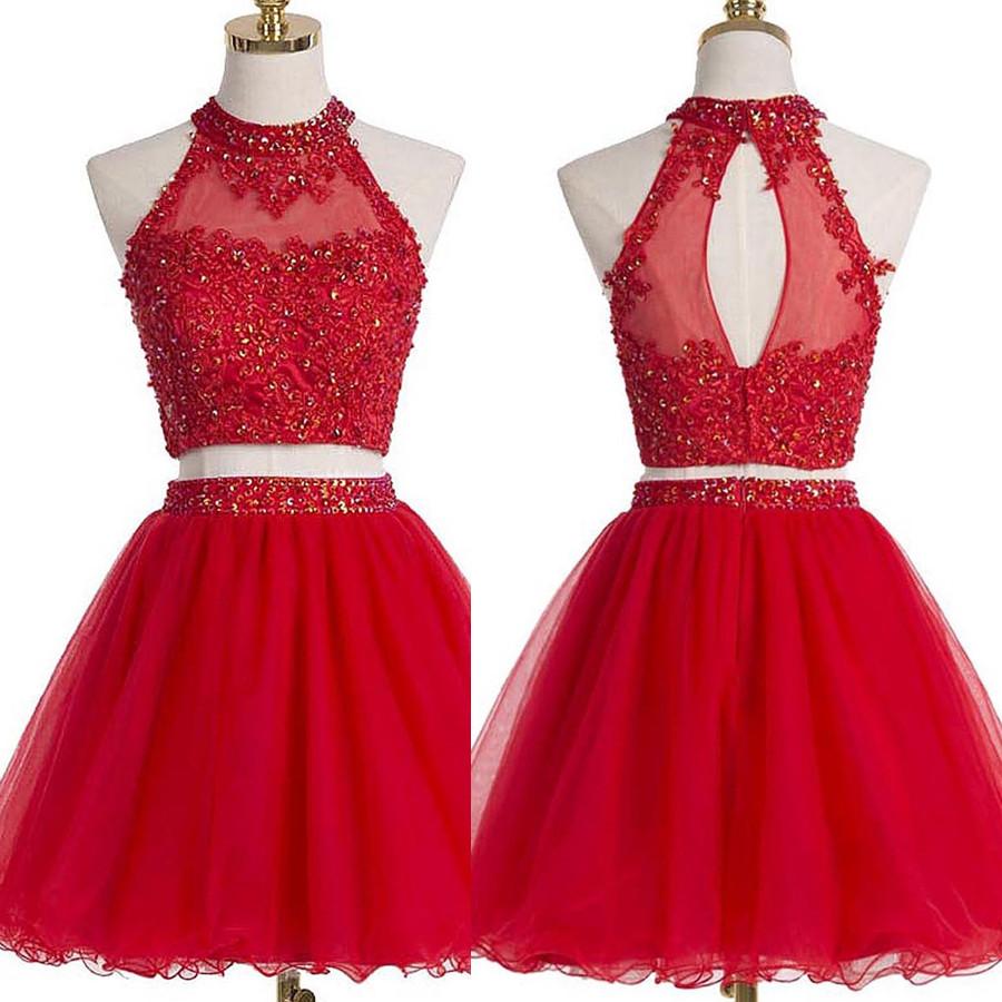 Two Piece Red Homecoming Dresses A Line Beading Short Prom Dress