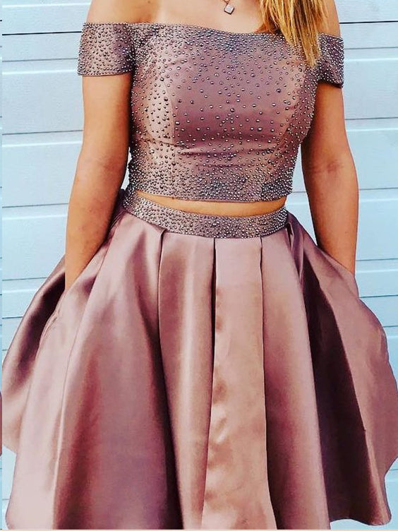 Two Piece Homecoming Dresses A Line Beading Short Prom Dress Sexy Party Dress Jk819