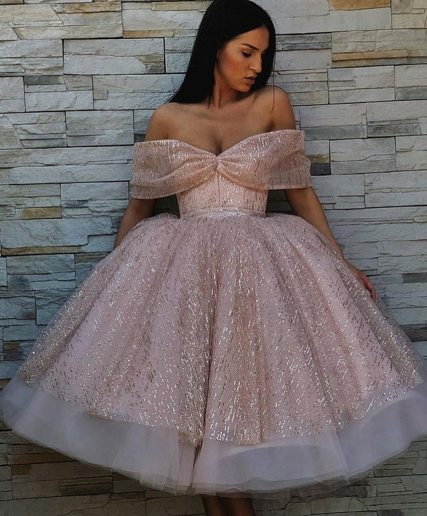 Sparkly Ball Gown Homecoming Dresses Tea-length Short Prom Dress Lace ...