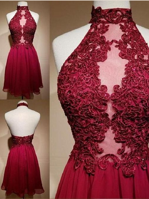 Open Back Homecoming Dresses Burgundy High Neck Short Prom Dress Sexy ...