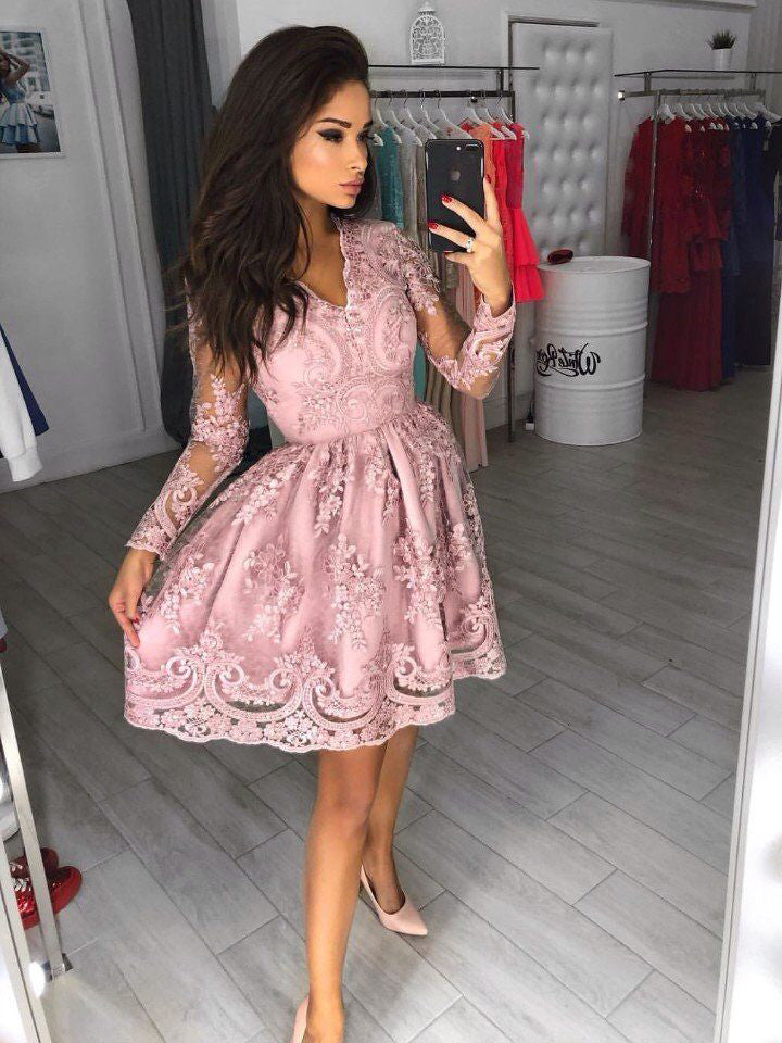 Long Sleeve Homecoming Dresses A Line V-neck Pink Short Prom Dress Lace ...