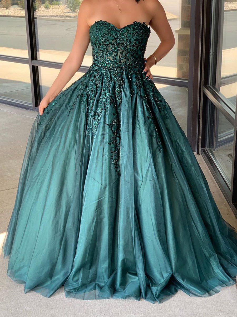Dark Green Tulle Appliques Beaded Ball Gown Sweetheart Long Prom Eveni ...