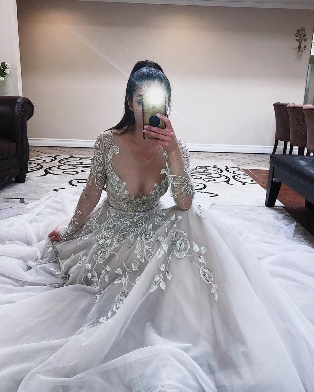 Illusion Neckline Unique Appliques Long Sleeve A-Line Wedding Dress JK ...